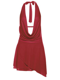 Red halter dress with a tie detail on a white background