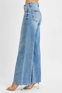 Light blue wide-leg jeans on a white background
