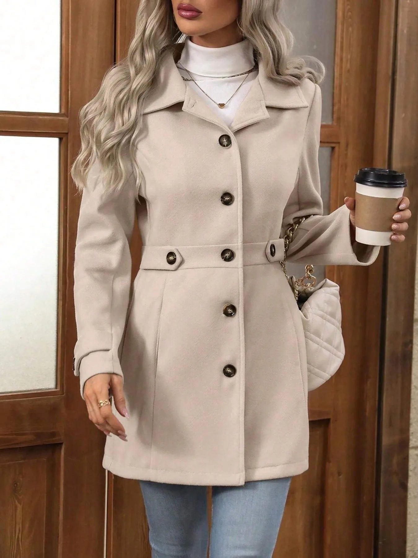 Woman wearing a beige coat with black buttons, holding a coffee cup, standing in front of a wooden door.