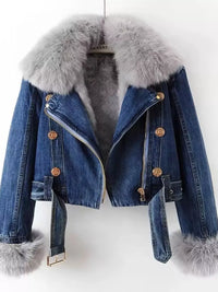 Blue denim jacket with fur trim on a white background