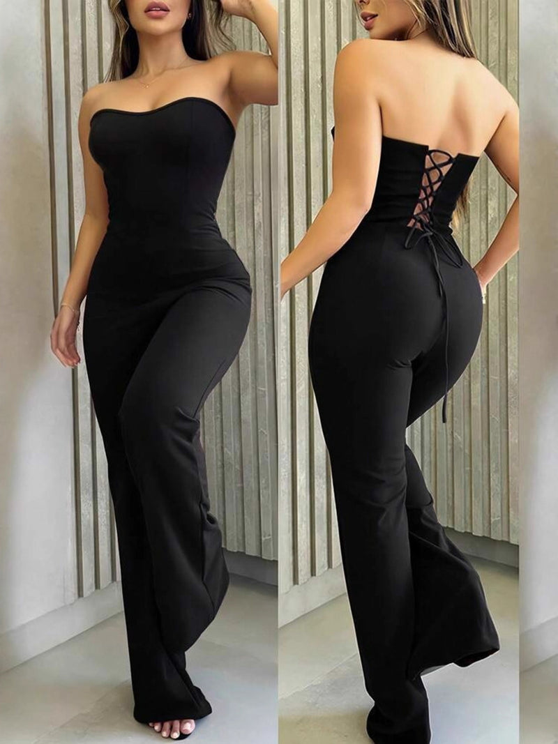 Black strapless jumpsuit worn by a model, shown from front and back views.