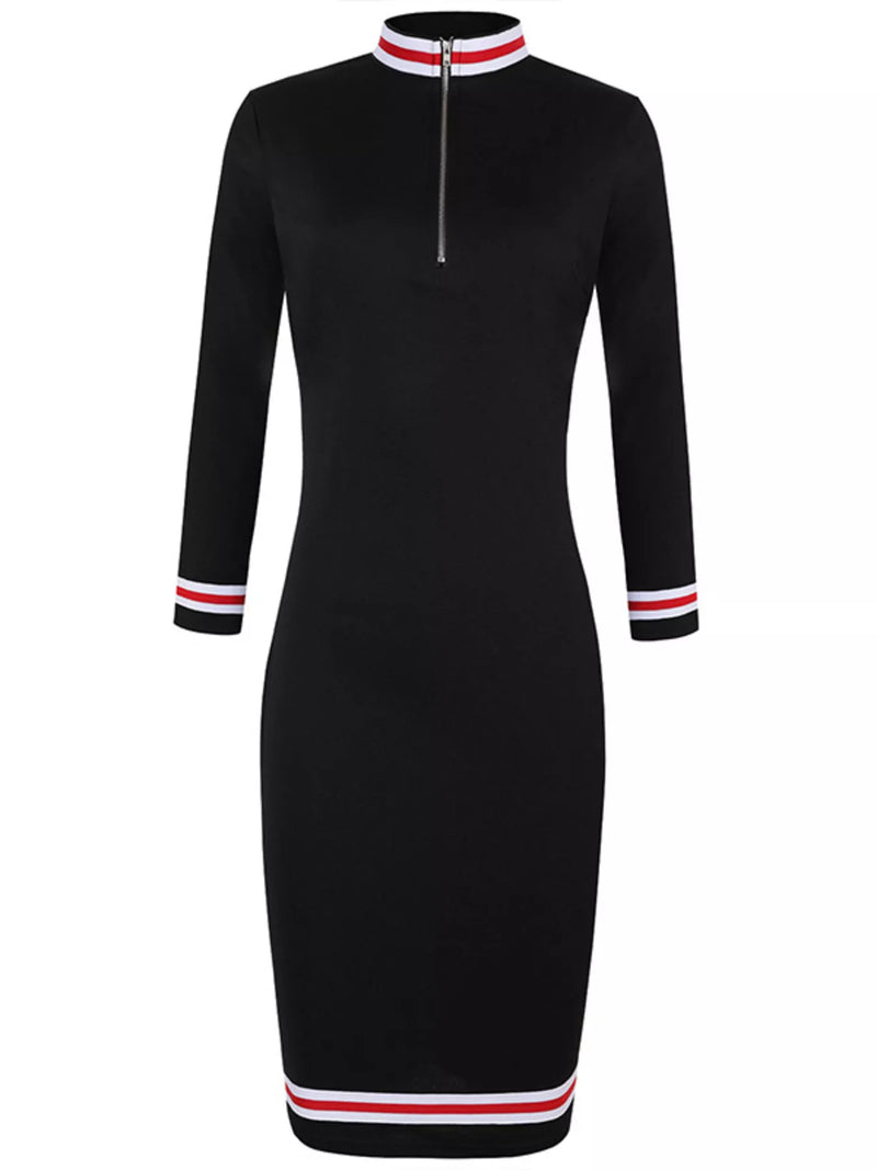 Black dress with red and white striped cuffs and collar on a white background