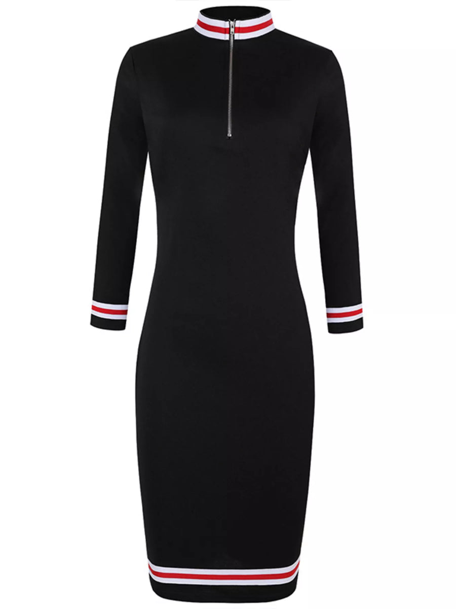 Black dress with red and white striped cuffs and collar on a white background