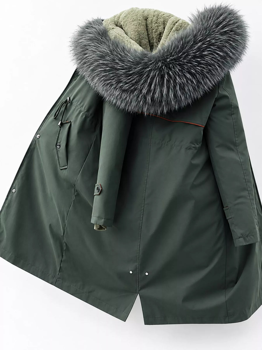 Back view of green Women's Detachable Longline Hooded Parka with Faux Fur Trim and Drawstring Waist