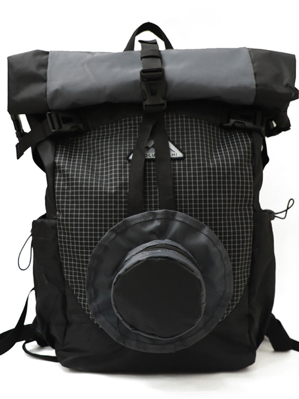 Black and gray backpack with a roll-top design on a white background
