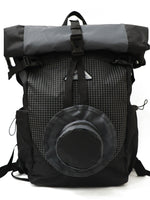Black and gray backpack with a roll-top design on a white background