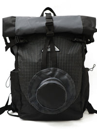 Black and gray backpack with a roll-top design on a white background