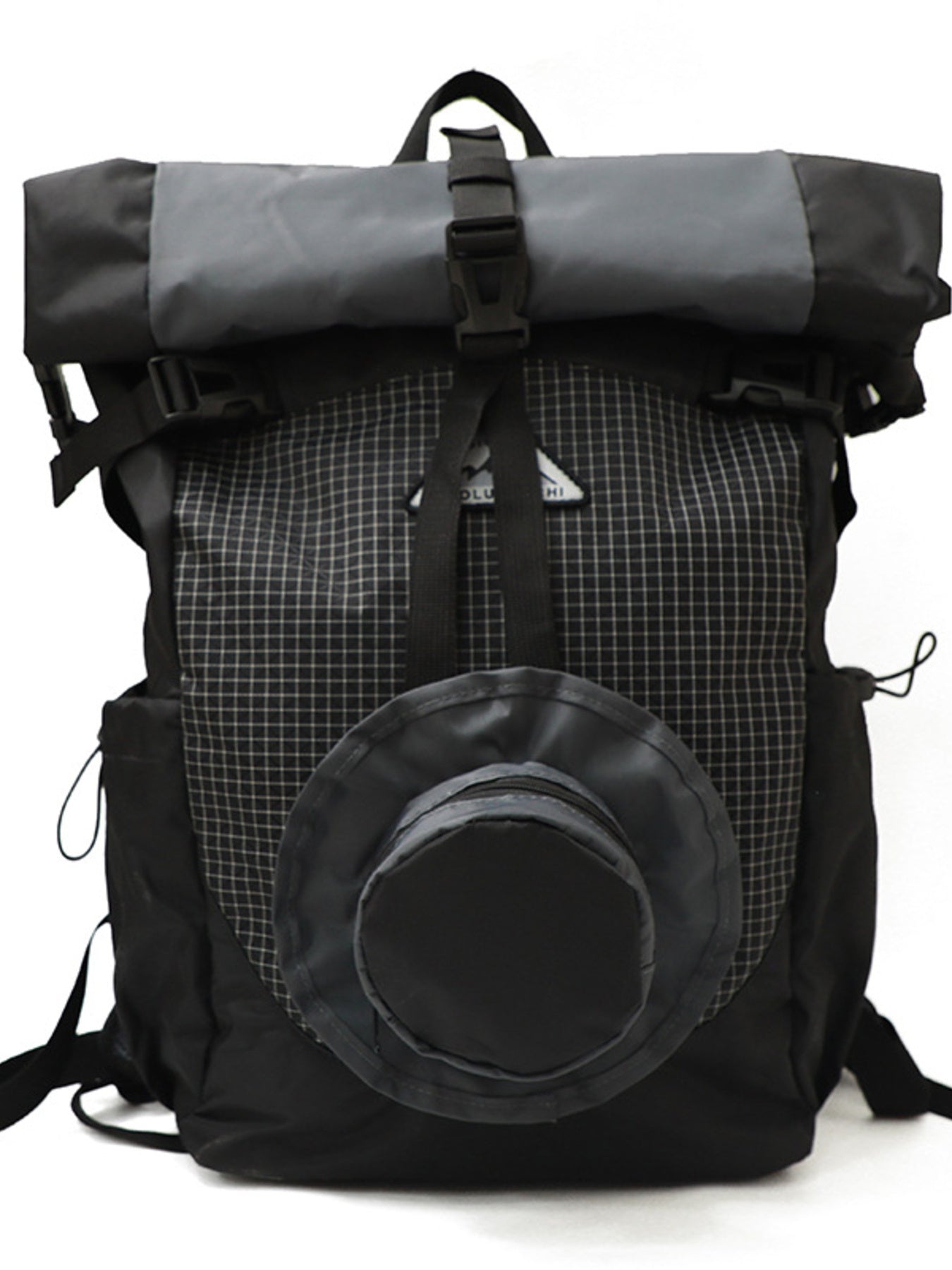Black and gray backpack with a roll-top design on a white background