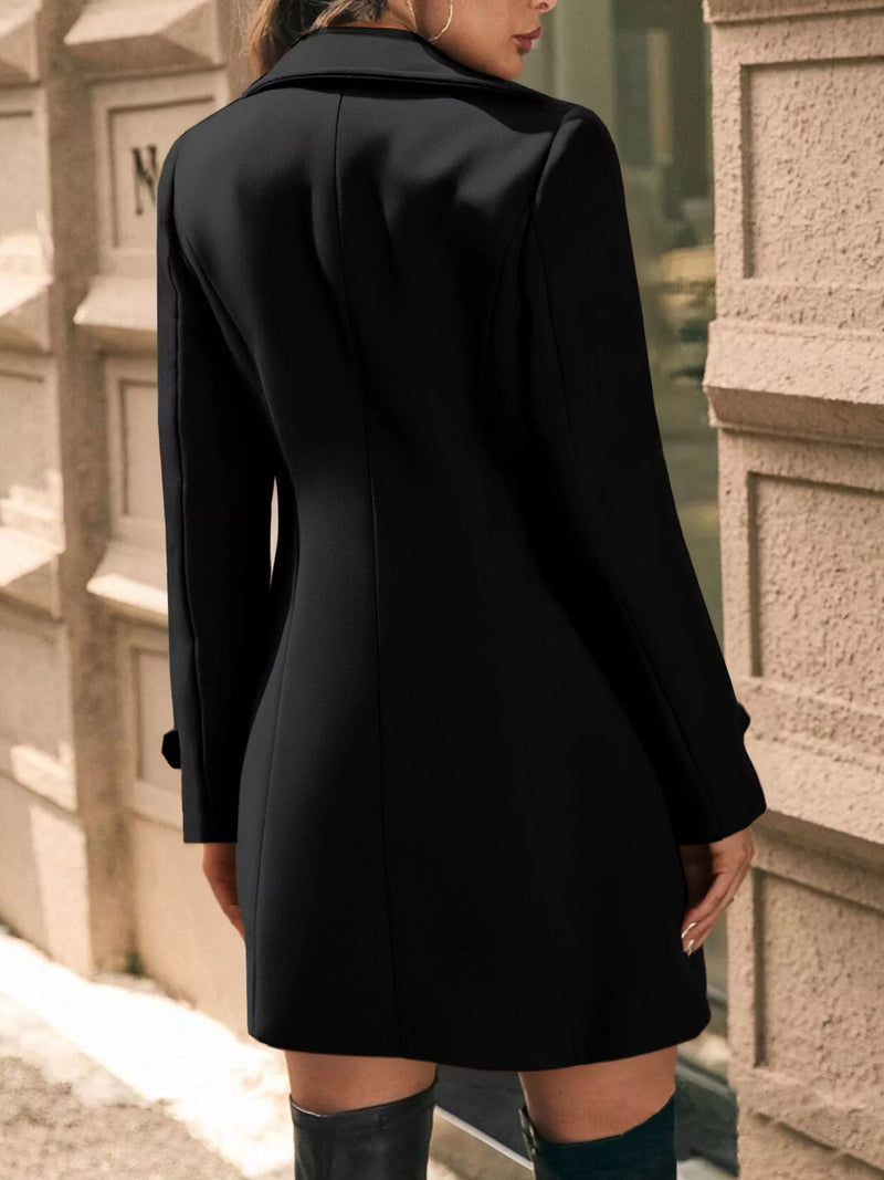 Woman showing the back of black Double-Breasted Wool Blend Overcoat