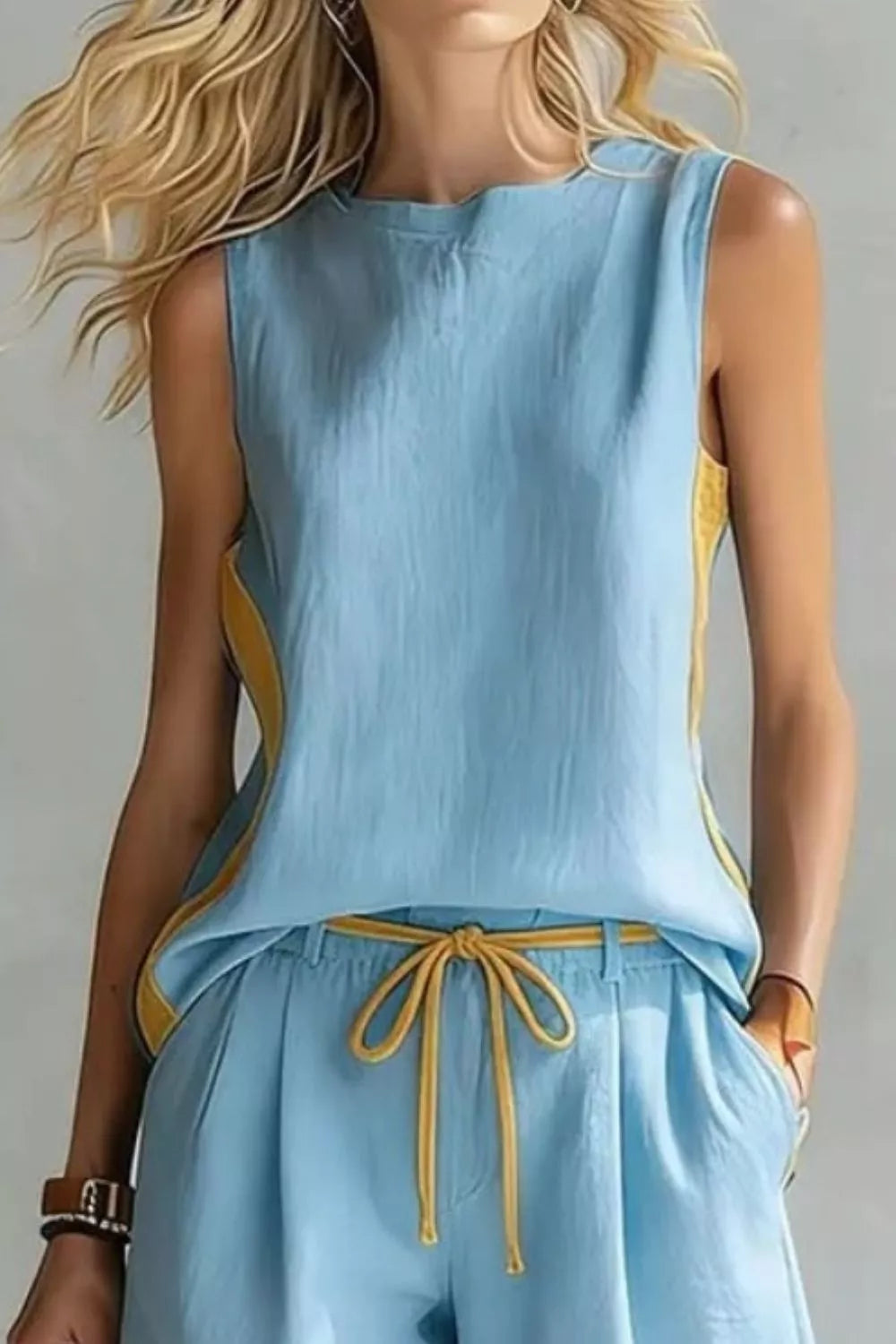 Light blue sleeveless top and pants with yellow accents on a plain background