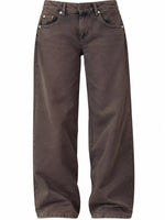 A pair of dark brown wide-leg jeans shown flat against a plain white background.