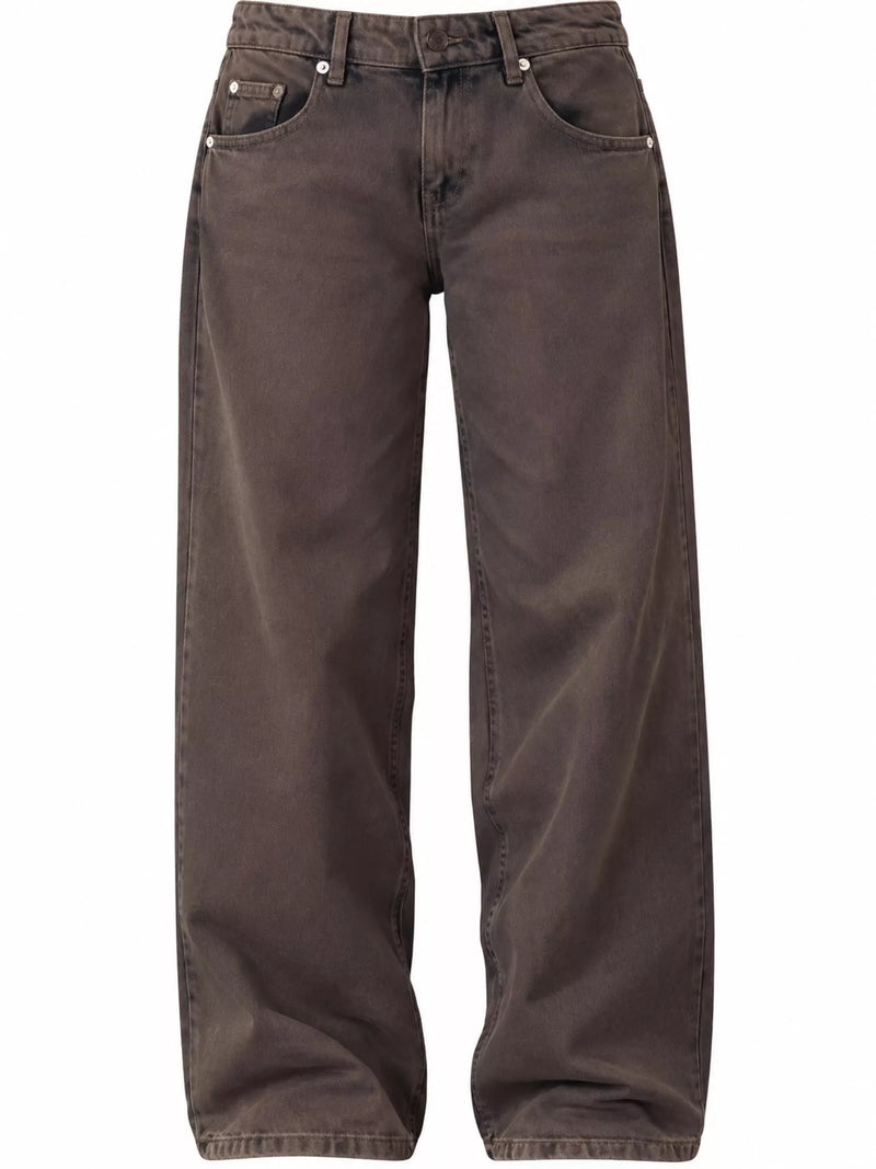 A pair of dark brown wide-leg jeans shown flat against a plain white background.