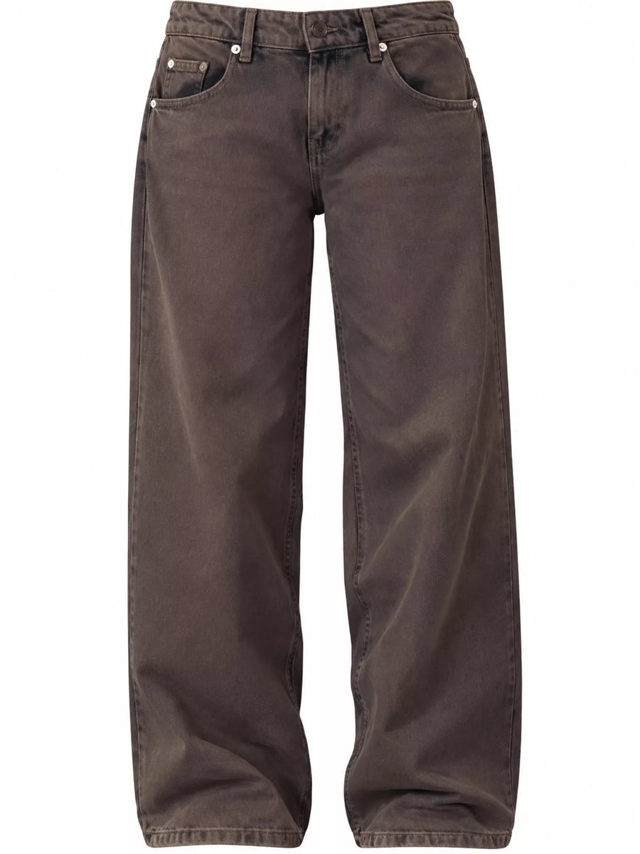 A pair of dark brown wide-leg jeans shown flat against a plain white background.