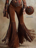 Brown fringed pants with a belt and a close-up of the belt buckle on a neutral background.