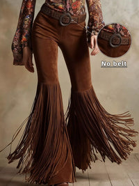 Brown fringed pants with a belt and a close-up of the belt buckle on a neutral background.