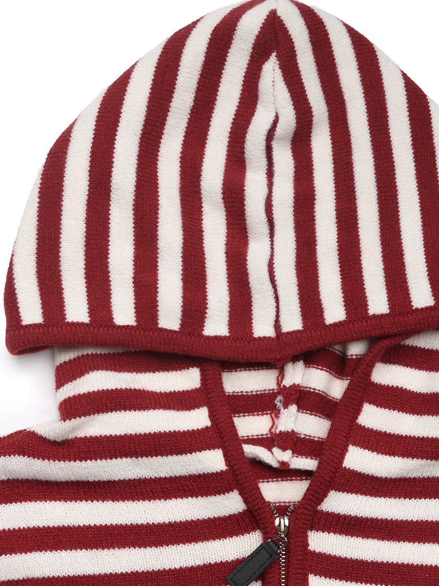 View of hood on Perfee Striped Long Sleeve Hooded Sweater