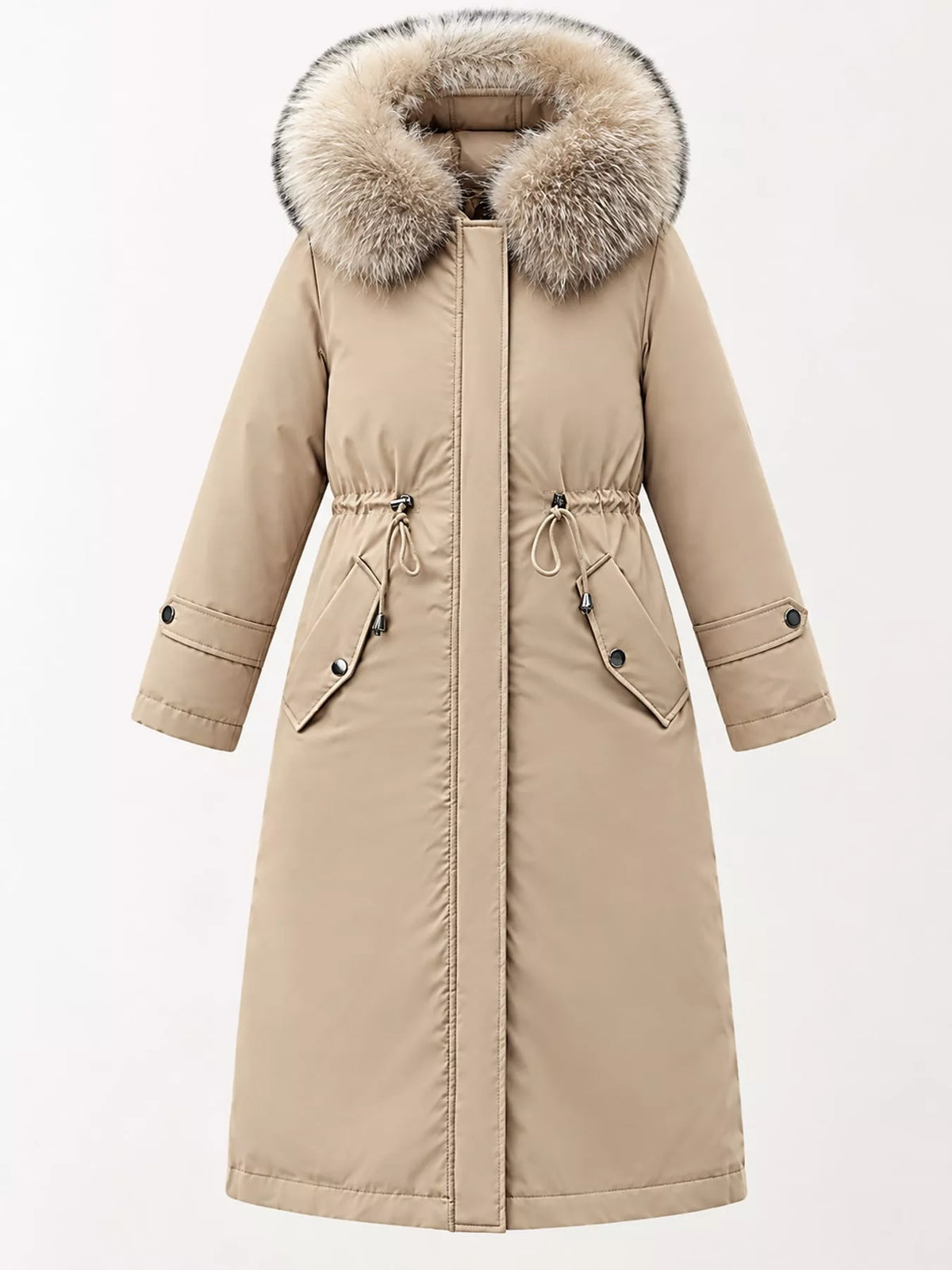 Biege Women's Detachable Longline Hooded Parka with Faux Fur Trim and Drawstring Waist on a white backdrop