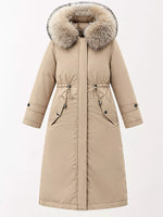Biege Women's Detachable Longline Hooded Parka with Faux Fur Trim and Drawstring Waist on a white backdrop