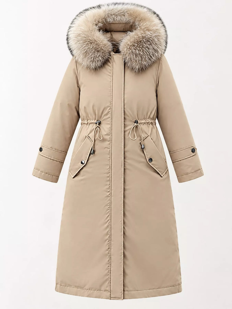 Biege Women's Detachable Longline Hooded Parka with Faux Fur Trim and Drawstring Waist on a white backdrop