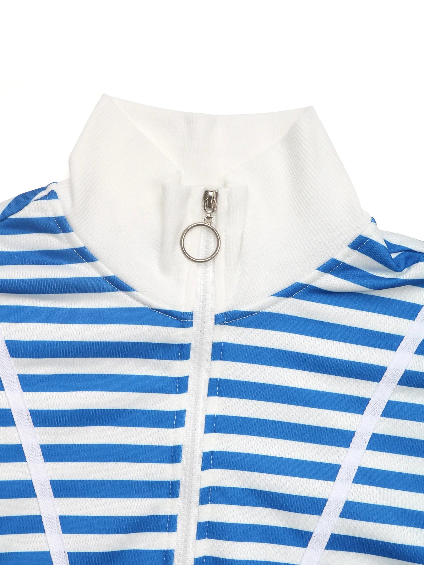 Close-up of a blue and white striped garment with a zipper on a white background
