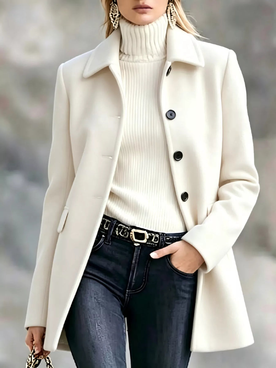 Woman wearing white Button Up Collared Neck Coat 