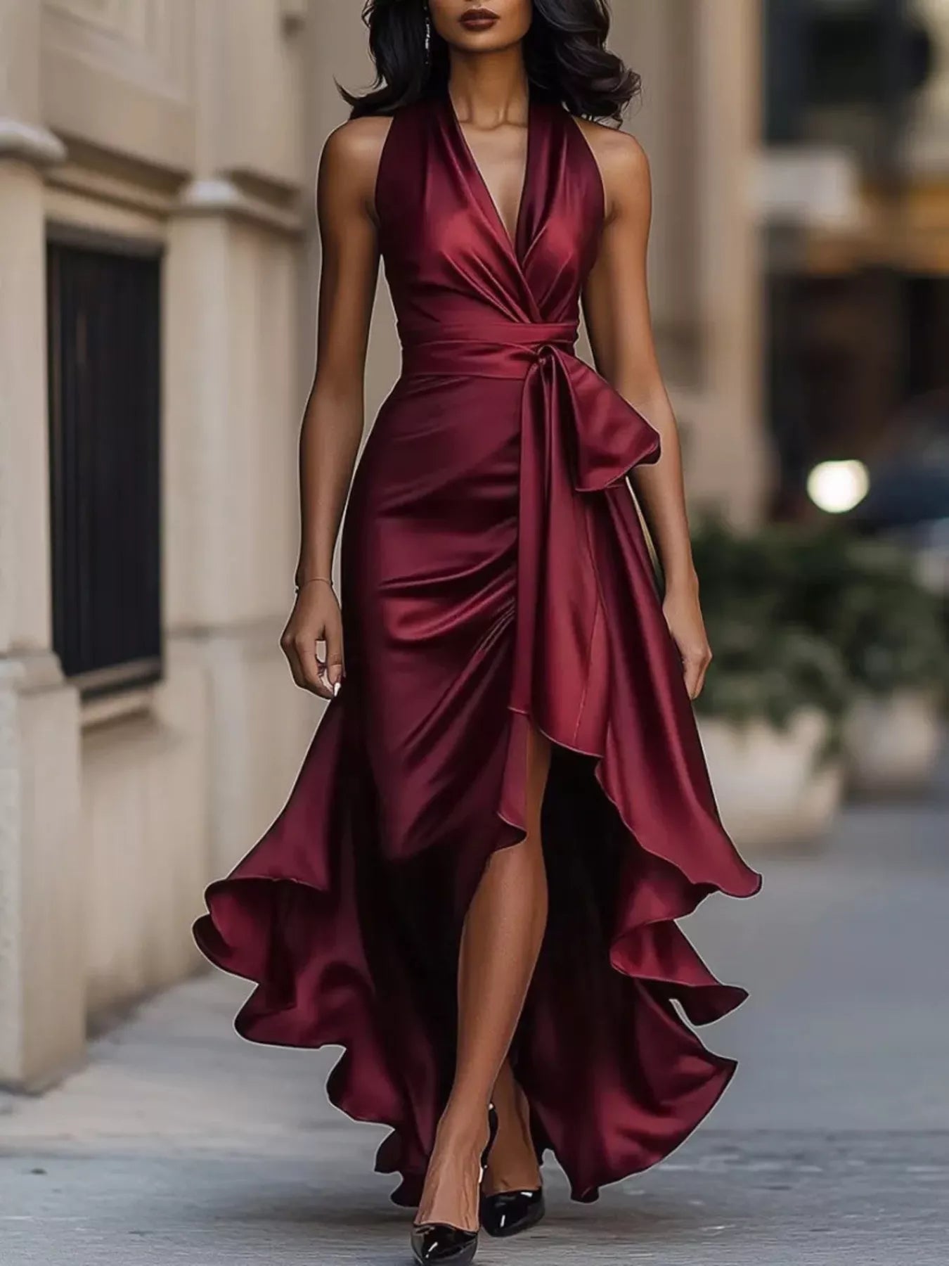 Woman wearing a burgundy halter neck dress with a high slit on a city street.