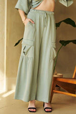 View of pocket on Davi & Dani Drawstring Ruched Detail Wide Leg Pants
