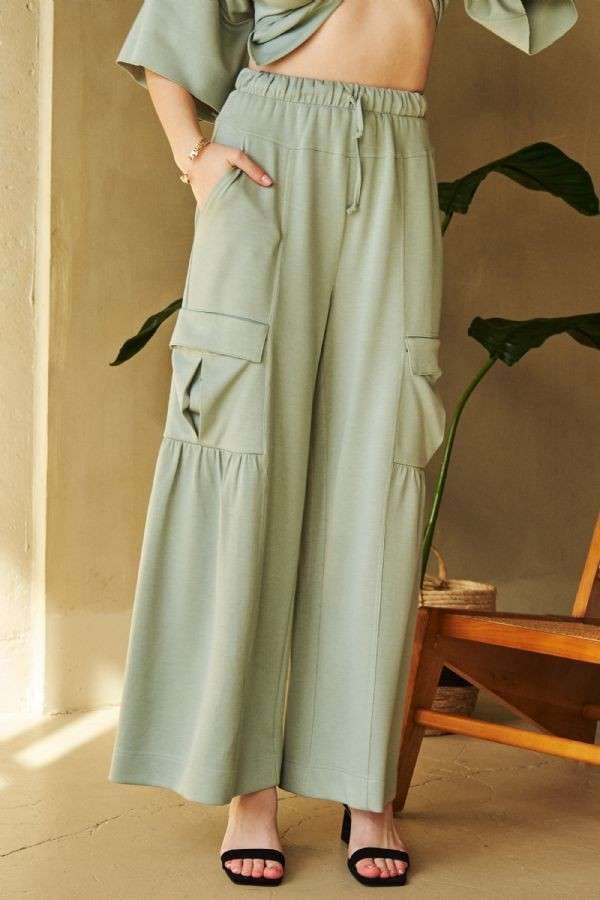 View of pocket on Davi & Dani Drawstring Ruched Detail Wide Leg Pants