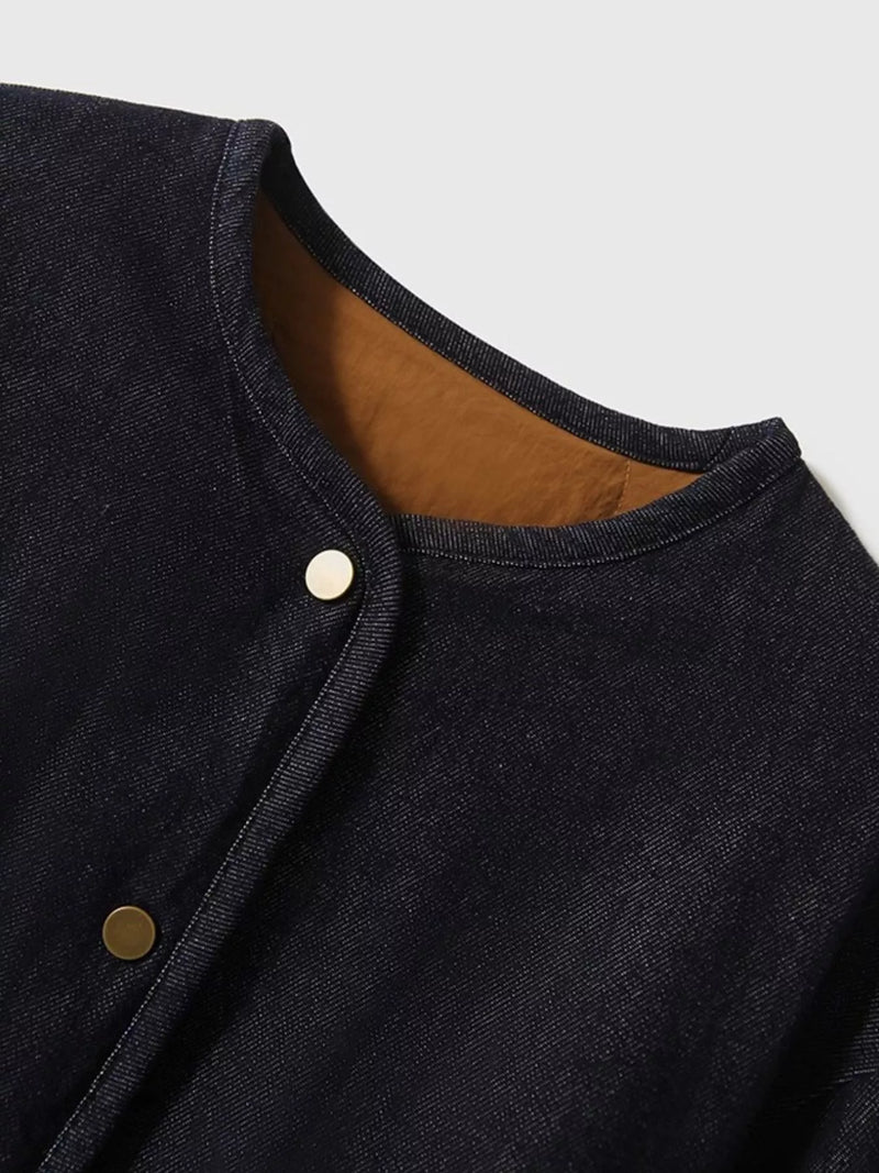Another view of the neckline on Diamond-Quilted Lightweight Cropped Reversible Down Jacket