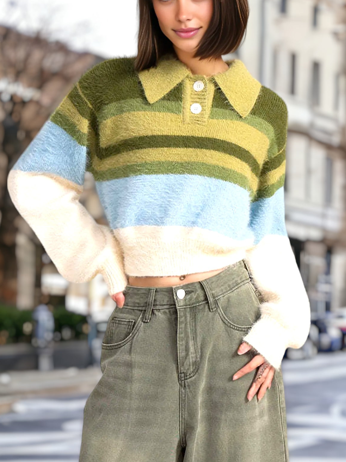 Cute Striped Pattern Fuzzy Sweater