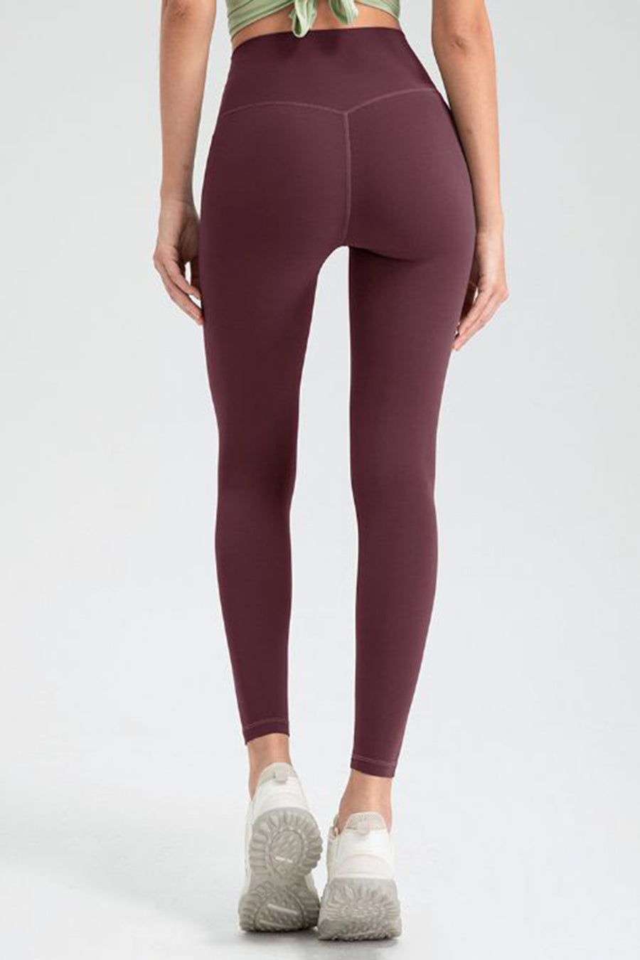 Back view of burgundy Women's Wide Waistband High Waist Sport Leggings