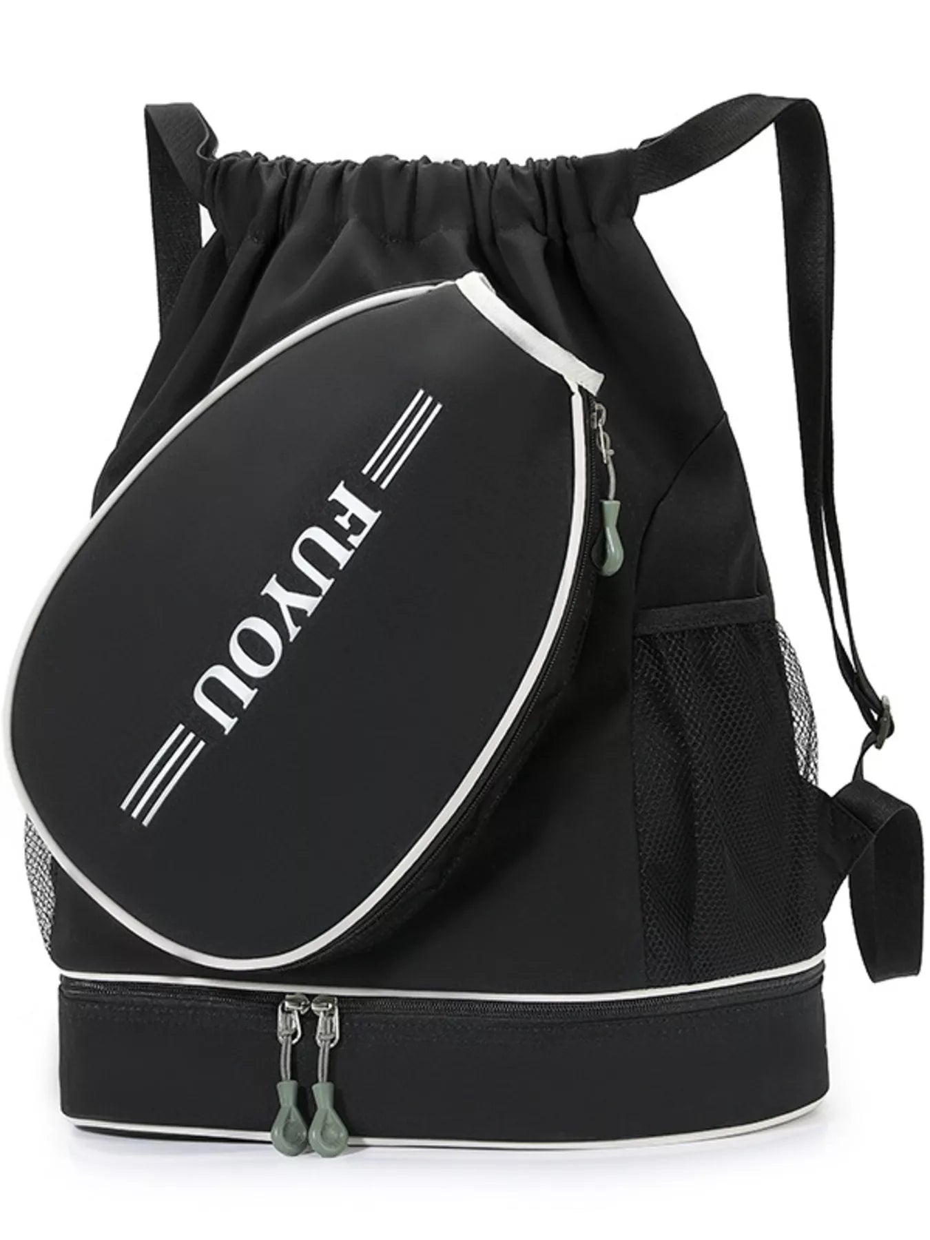 Black drawstring bag with 'Fyou' branding on a white background