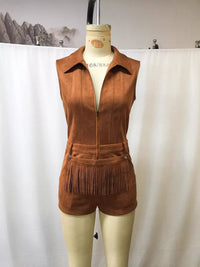Brown suede vest with fringe on a mannequin against a white background