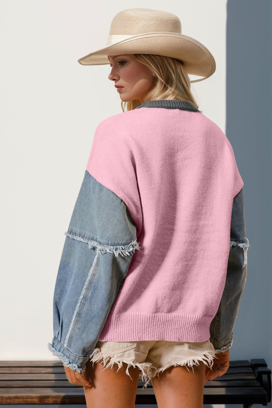 Back view of pink Double Take Full Size Star Pattern Raw Edge Long Sleeve Sweater