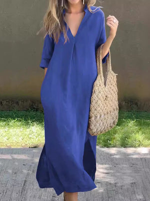 Front view of Full Size Notched Half Sleeve Midi Dress