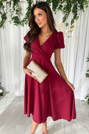 Burgundy Surplice Puff Sleeve Midi Dress