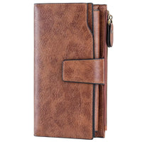 Brown leather wallet with multiple card slots and a zipper pocket on a white background