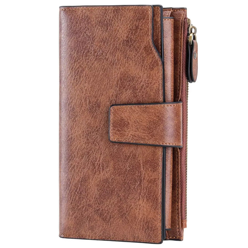 Brown leather wallet with multiple card slots and a zipper pocket on a white background
