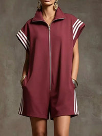 Maroon romper with white stripes on a gray background
