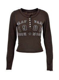 Brown long-sleeve shirt with text design on a white background