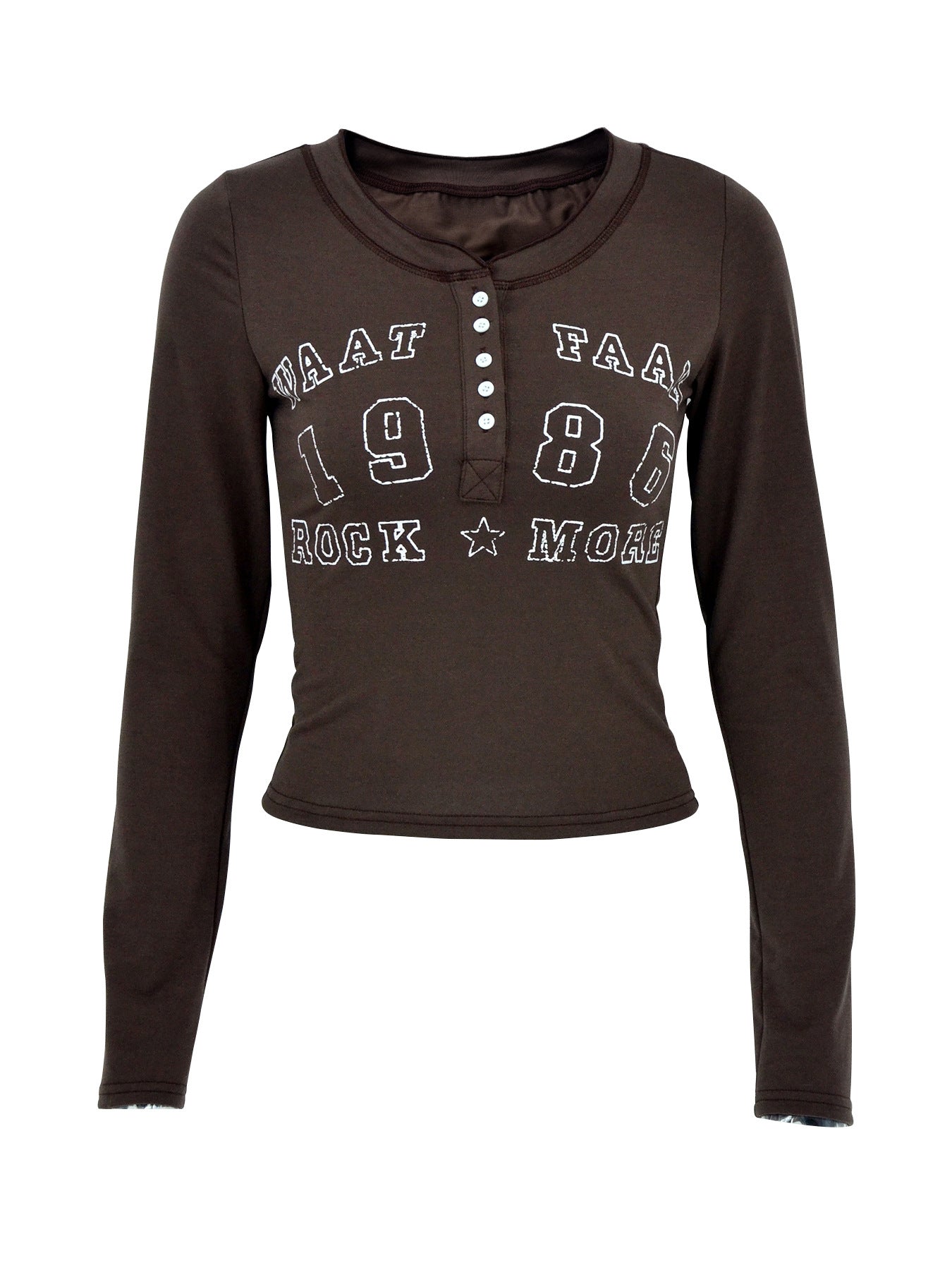 Brown long-sleeve shirt with text design on a white background