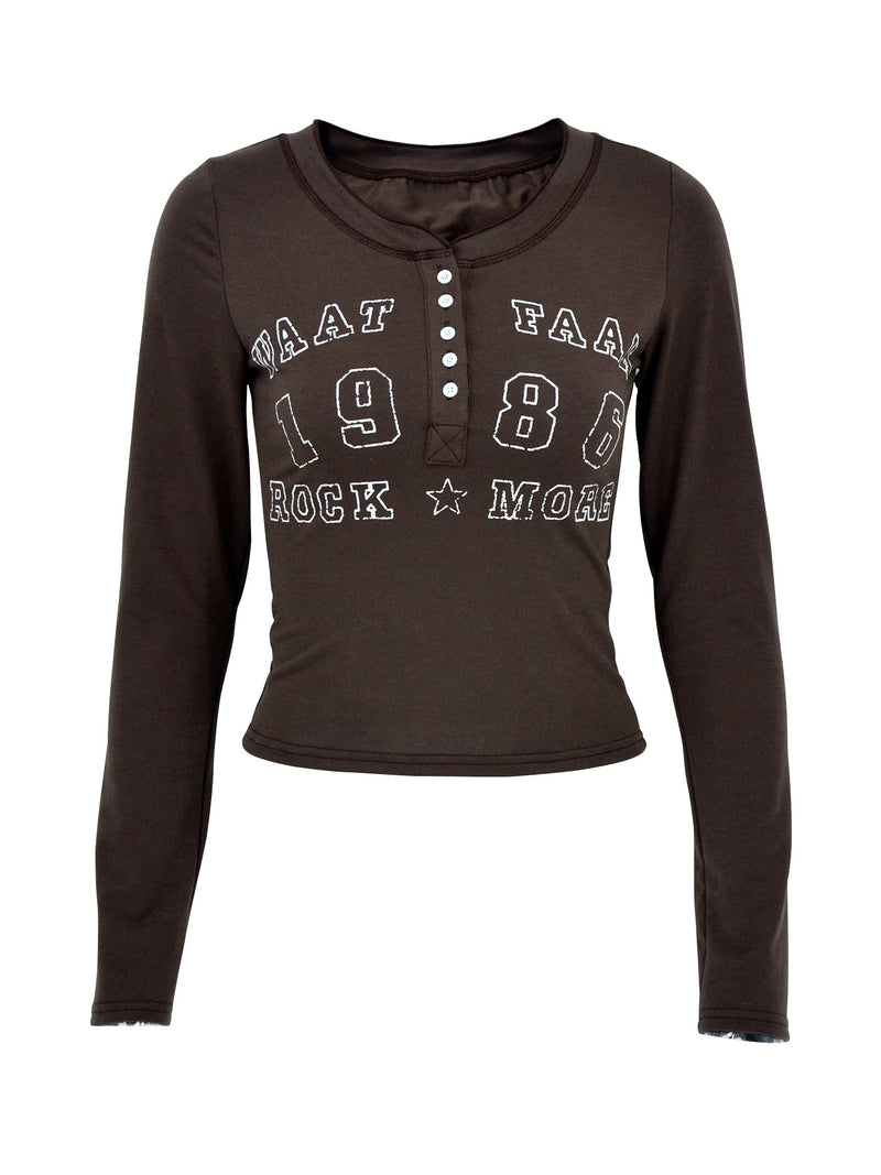 Brown long-sleeve shirt with text design on a white background