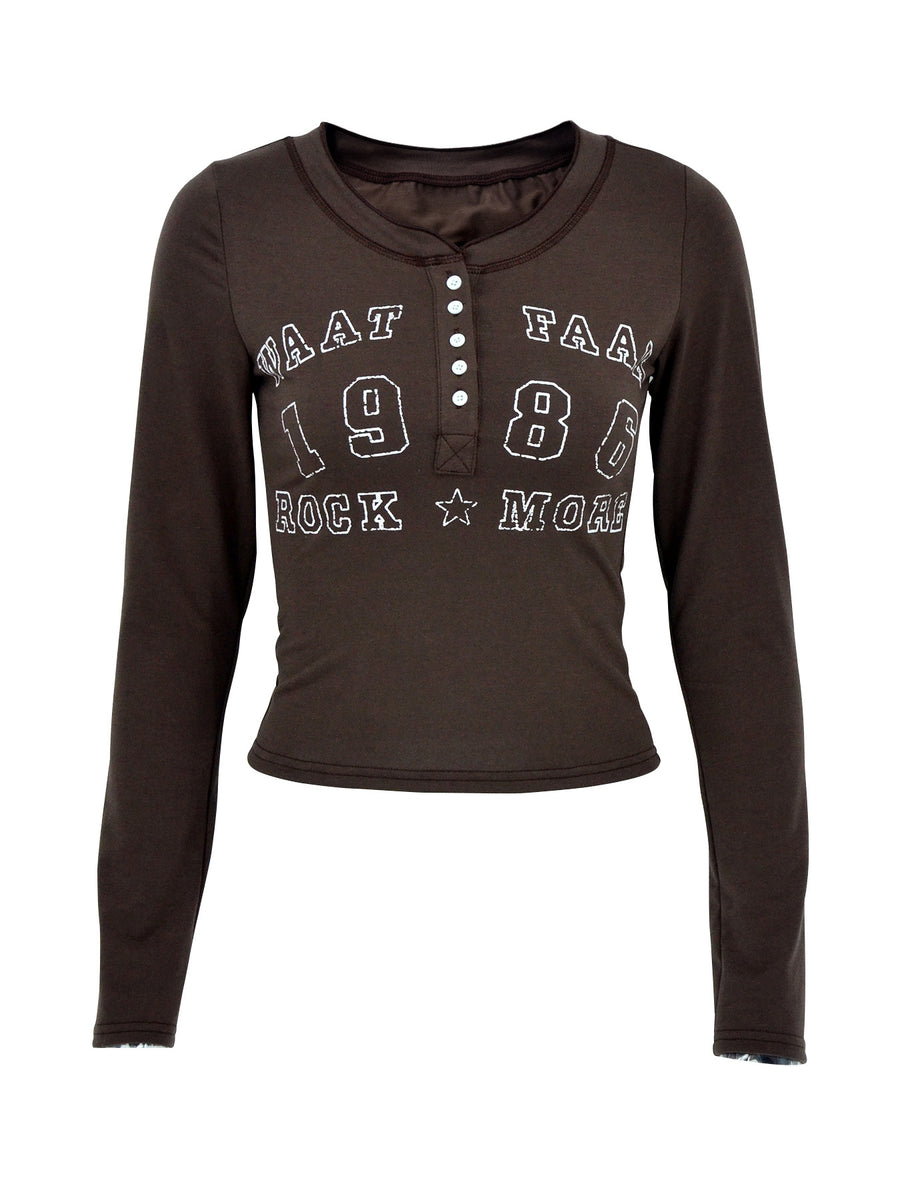 Brown long-sleeve shirt with text design on a white background