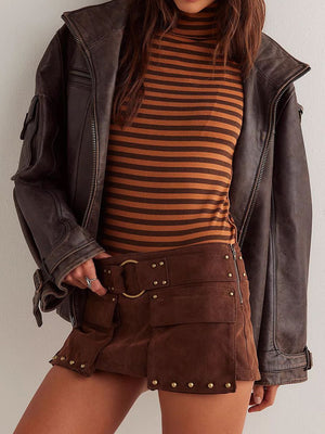 Front view of Exposed Seam Striped Turtleneck Long Sleeve T-Shirt