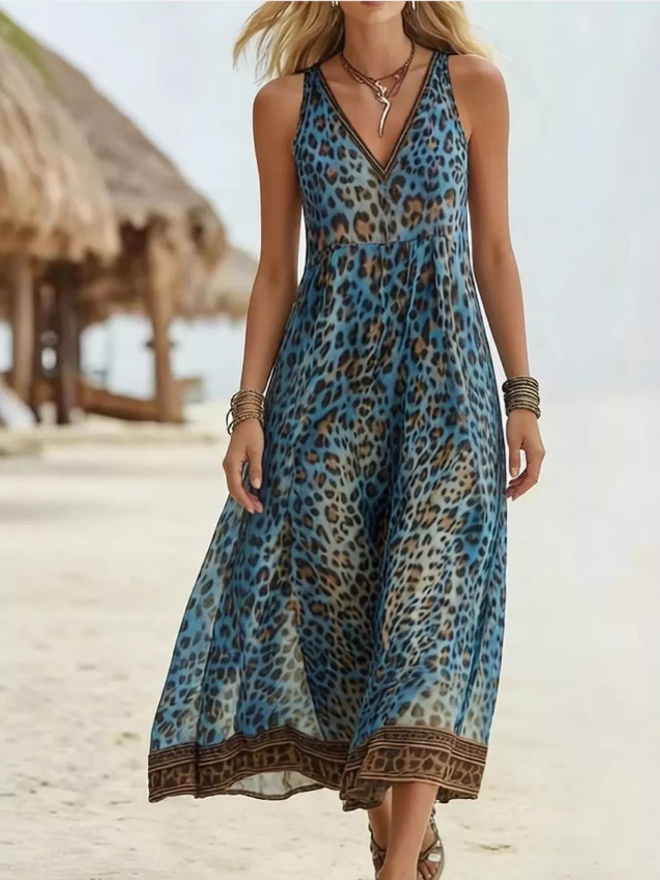Woman wearing a blue leopard print dress on a beach.