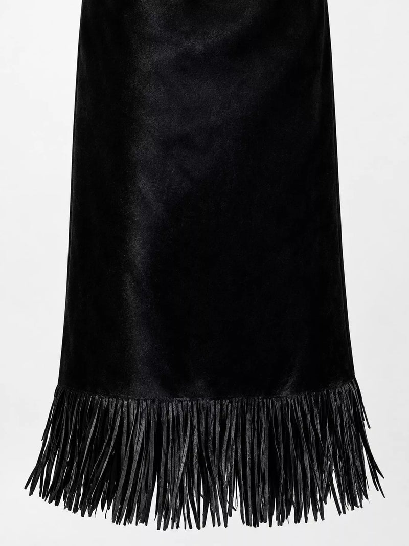 A zoom in view of High-Waisted Fringe Midi Skirt