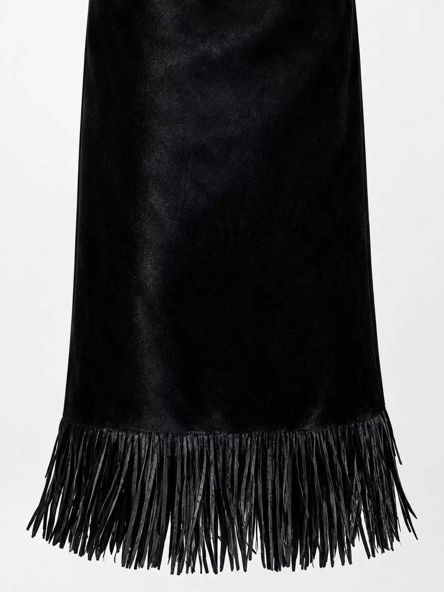 A zoom in view of High-Waisted Fringe Midi Skirt