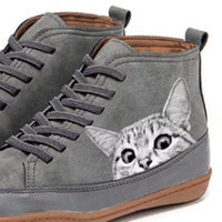 Gray high-top sneakers with a kitten design on the side, on a white background