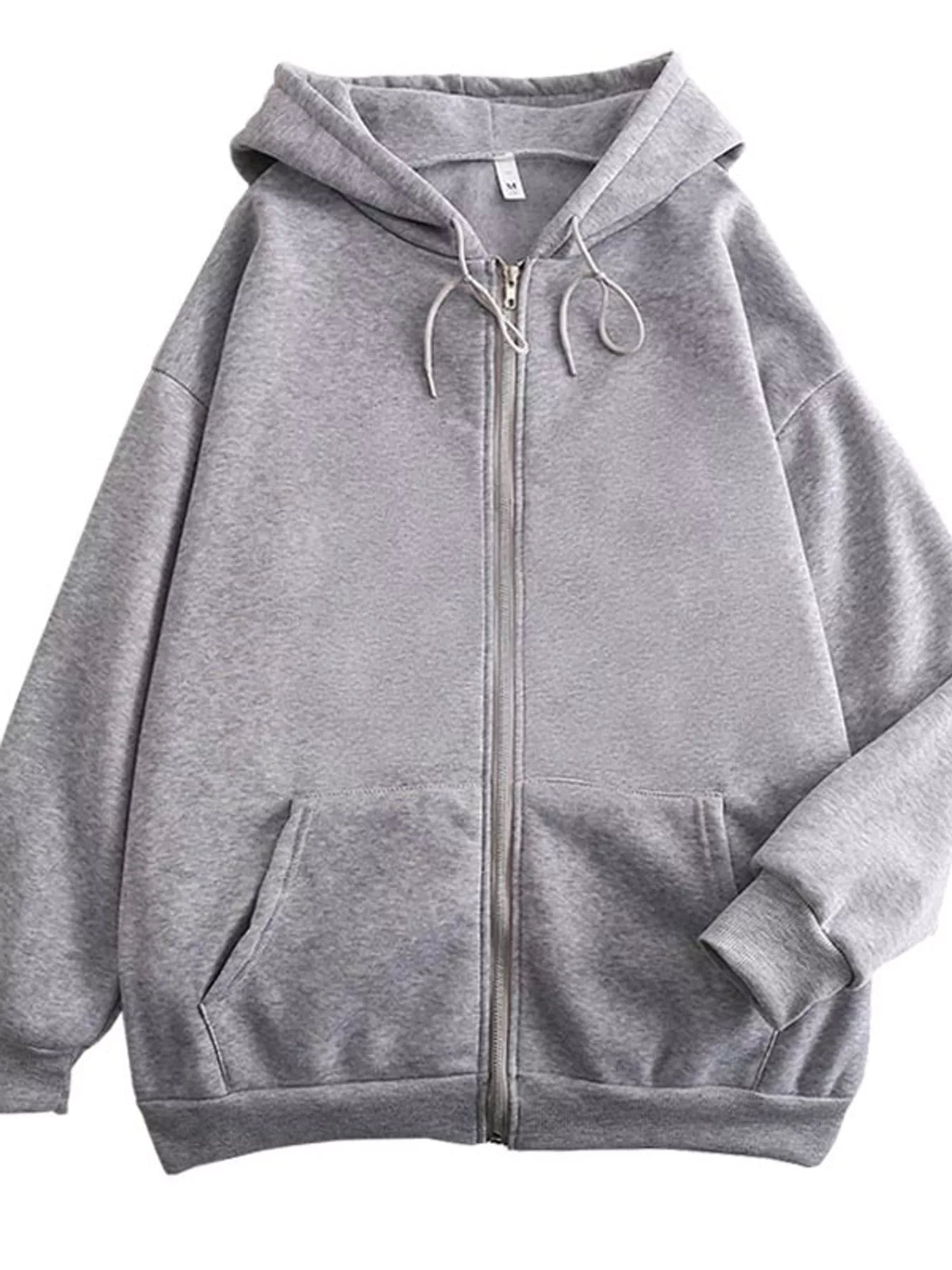 A light gray zip-up hoodie with a drawstring hood and front pockets, shown against a plain white background.