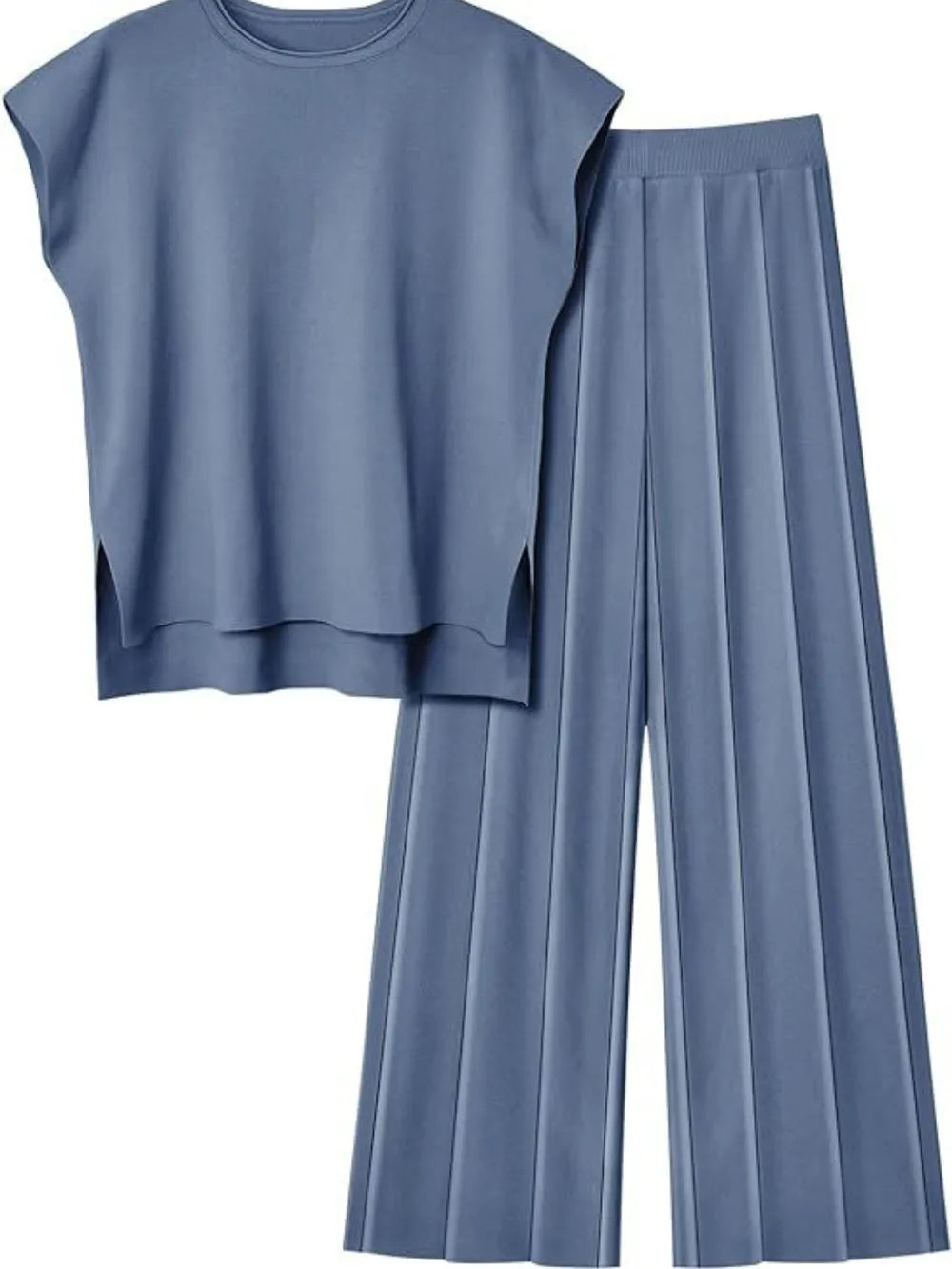 Blue sleeveless top and wide-leg pants set on a white background
